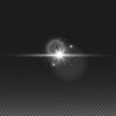 Bright light lens. Shiny star, glowing sparks on a dark background