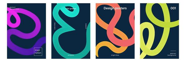 Posters with Squiggle Lines on black background. Gradient wave shapes vector