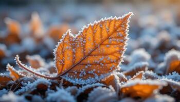 A close-up of a single frost-covered autumn leaf resting on a bed of golden foliage. Tiny ice crystals glisten in the soft morning light, highlighting the delicate veins of the leaf. photo