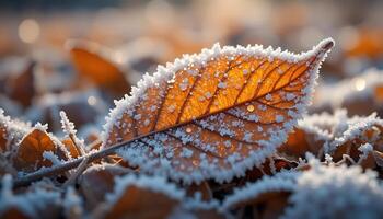 close-up of a single frost-covered autumn leaf resting on a bed of golden foliage. Tiny ice crystals glisten in the soft morning light, highlighting the delicate veins of the leaf. photo