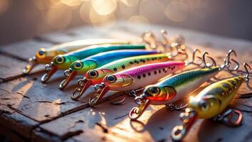 Colorful fishing lures displayed on a weathered surface with soft sunlight in the background photo