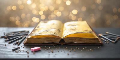 Open vintage book surrounded by pencils and an eraser on a wooden table with a blurred golden background photo