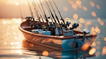 Boat ready for fishing at sunset on a calm lake with multiple fishing rods set up for an evening catch photo