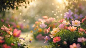 Vibrant garden filled with blooming flowers in soft sunlight during golden hour photo