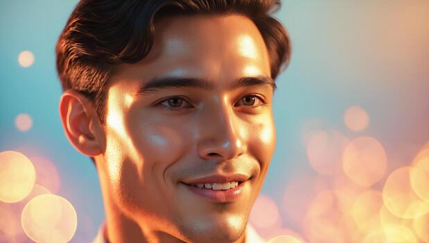 Man smiling warmly with a soft glowing background during golden hour in an outdoor setting photo