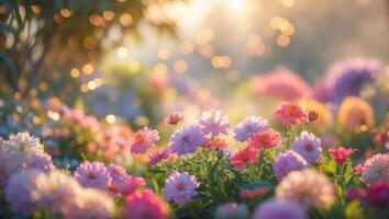 hermosa jardín lleno con vistoso flores y suave luz de sol durante temprano Mañana horas foto