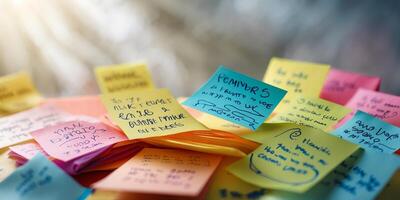 Brightly colored sticky notes with reminders and tasks scattered on a surface in a well-lit workspace photo