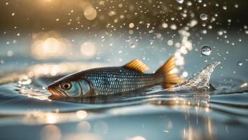 Fish splashes in clear water during golden hour at a serene lake setting photo