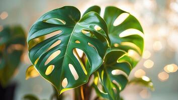 Lush green monstera leaves with intricate patterns under soft ambient lighting in a cozy home setting photo