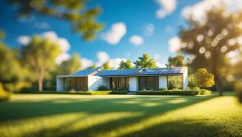 Modern eco-friendly house with solar panels surrounded by vibrant greenery in sunny outdoor setting photo