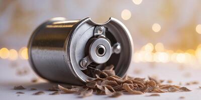 Metal can rests on a surface, releasing wood shavings while soft light glimmers in the background during a calm afternoon photo