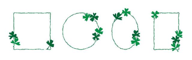 St Patrick day shamrock clover border. Lucky irish green frame for holiday card. Four leaf pattern with saint luck sign. Celtic decoration for spring invitation on white isolated background vector