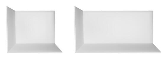 3d empty booth room mockup. White wall trade show cube box. Perspective product display space for expo kiosk. Conference stall inside exhibition area. Store showroom section for small backdrop vector
