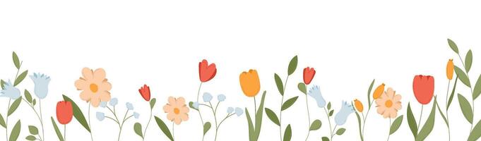 Spring botanical border frame for banner with flower bloom. Summer wildflower isolated edge design. Meadow flora element with cute leaf and branch pattern. Flat long illustration for background vector