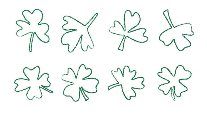 Shamrock four leaf clover drawn . Chalk trefoil sketch set for lucky St Patrick. Irish celtic frame element isolated illustration. Outline decoration with crayon texture for spring holiday
