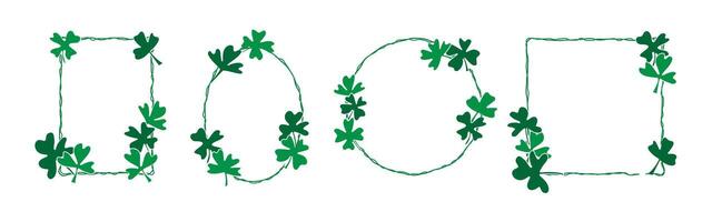 Shamrock clover border for St Patrick day. Irish green frame. Lucky four leaf pattern for card. Saint luck sign isolated on white background. Celtic decoration with floral spring illustration vector