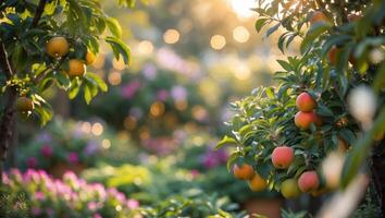 Sunset in a vibrant garden filled with blooming flowers and fruit trees creating a picturesque retreat photo