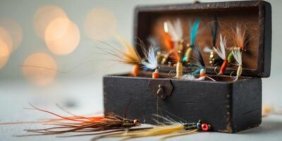 Collection of handcrafted fishing flies displayed in a wooden box on a soft surface with glimmering background lights photo
