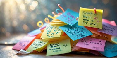 Colorful stack of sticky notes filled with reminders and messages on a wooden surface illuminated by warm light photo