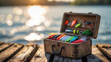Colorful fishing lures arranged in a wooden tackle box on a dock during sunset by a serene lake photo