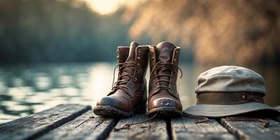 Hiking boots and hat resting on wooden dock by serene lake at sunset photo