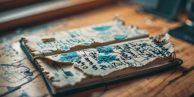 Torn journal pages displaying handwritten notes and sketches on a wooden desk during afternoon light photo