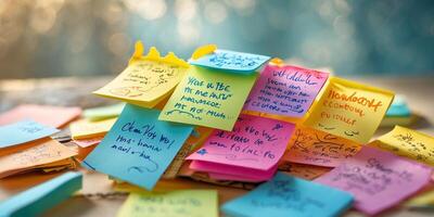 Colorful sticky notes with reminders and messages scattered on a table photo