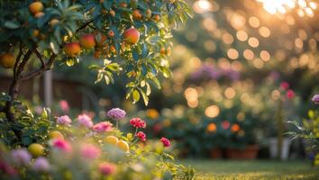 Beautiful garden at sunset showcasing vibrant flowers and fruit-laden trees in a tranquil setting photo