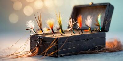 Collection of handcrafted fishing flies displayed in a wooden box on a soft surface with glimmering background lights photo