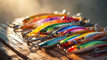 Colorful fishing lures displayed on a weathered surface with soft sunlight in the background photo