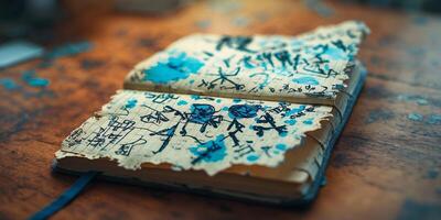 Old notebook with handwritten notes and sketches resting on a rustic wooden table in warm light photo
