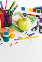Drawing supplies on white table close up photo