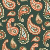 Abstract seamless paisley pattern with ornamental elements in a retro color scheme on a dark background. vector