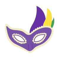 Elegant Mardi Gras mask in purple, yellow, and green with decorative lace and feathers in a festive carnival style vector