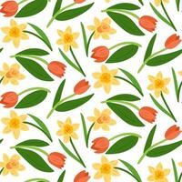 Spring floral pattern with yellow daffodils and orange tulips on a white background, designed in a watercolor illustration style, perfect for textiles, packaging vector