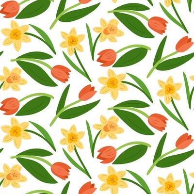 Spring floral pattern with yellow daffodils and orange tulips on a white background, designed in a watercolor illustration style, perfect for textiles, packaging