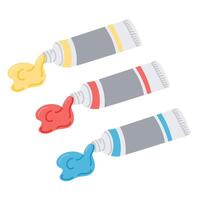 Illustration of three paint tubes squeezing out primary colors yellow, red, and blue isolated on a white background, representing creativity, and painting essentials vector