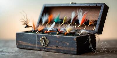 Collection of handcrafted fishing flies displayed in a wooden box on a soft surface with glimmering background lights photo