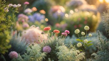 vibrante jardín floraciones a puesta de sol con suave atención y calentar ligero esclarecedor flores y follaje foto