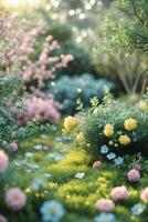 Vibrant spring garden with blooming flowers and lush greenery in soft morning light photo