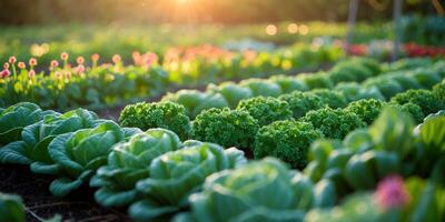 Gardening in a vibrant field during sunset with fresh vegetables and blooming flowers photo