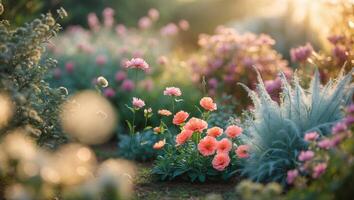 vibrante jardín floraciones en luz de sol durante un pacífico tarde en un lozano al aire libre ajuste foto