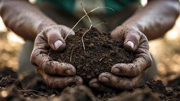 Hands hold rich soil, symbolizing connection to nature and sustainable farming practices during the golden hour in a rural setting photo