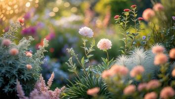 hermosa jardín lleno con floreciente flores en suave Mañana ligero durante primavera foto
