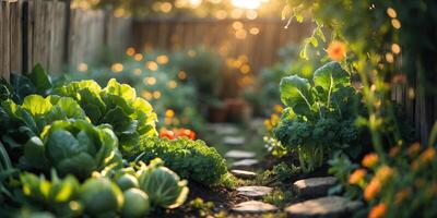 Sunlight filters through a vegetable garden path lined with vibrant plants in the late afternoon photo