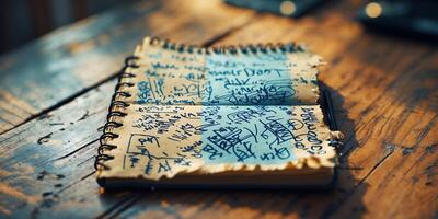 Old notebook with handwritten notes and sketches resting on a rustic wooden table in warm light photo