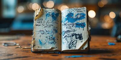 Open notebook filled with sketches and notes on a wooden desk in a cozy workspace during the evening photo