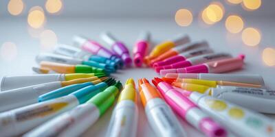 Creative arrangement of colorful markers on a table with blurred lights in the background during a crafting session photo