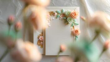 Elegant floral design decorates blank stationery against a soft background in a warm, inviting setting during daylight photo