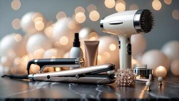 Hair styling tools arranged elegantly on a marble surface with soft bokeh lights in the background photo